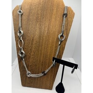 Daisy Fuentes Silver Tone Black Enamel Multi Strand Necklace & Hoop Earrings Set
